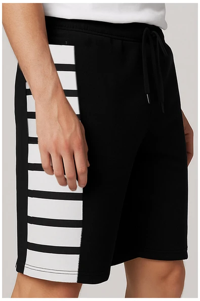 Erkek Siyah Beyaz Çizgili Spor Bermuda Şort