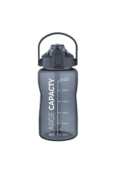 Sağlıklı Polikarbon 1.5 Litre Büyük Kapasiteli Su Matarası Pipetli Suluk Gri - Resim 7