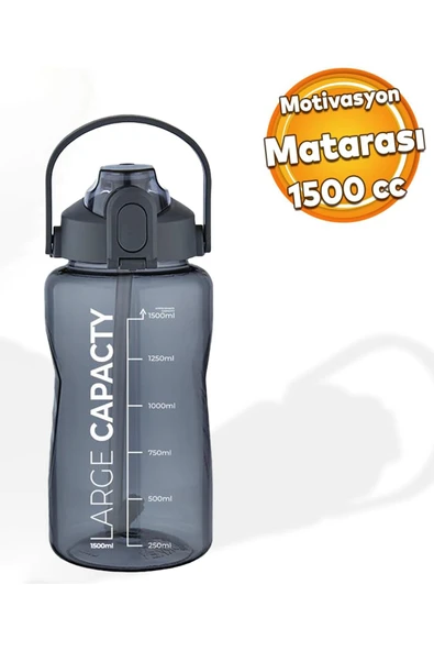 Sağlıklı Polikarbon 1.5 Litre Büyük Kapasiteli Su Matarası Pipetli Suluk Gri ürün görseli