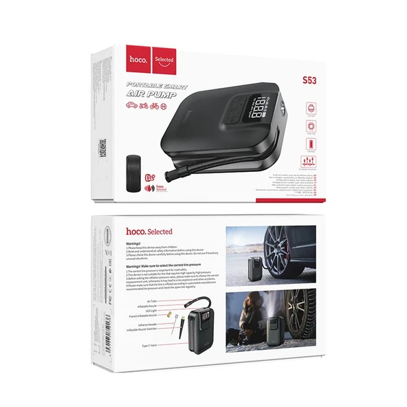 Hoco S53 Breeze Led Işıklı Taşınabilir Akıllı Hava Kompresörü - Siyah - 6