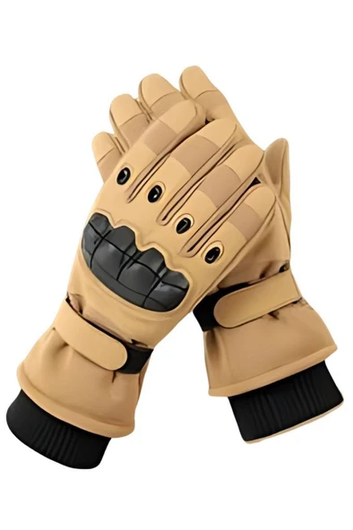 Single Sword Rüzgar Soğuk Geçirmez Suya Dayanıklı Dokunmatik Eldiven- Taktik ve Motosiklet Eldiveni Bej - 3
