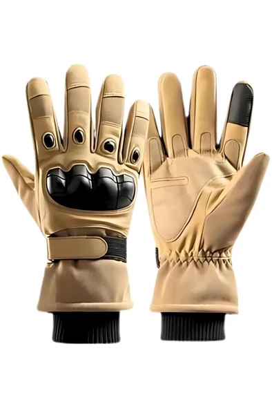 Single Sword Rüzgar Soğuk Geçirmez Suya Dayanıklı Dokunmatik Eldiven- Taktik ve Motosiklet Eldiveni Bej