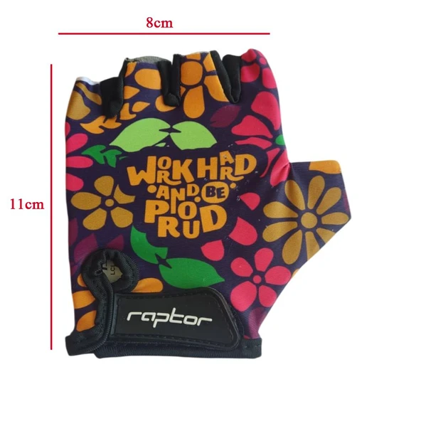 Raptor Çocuk Eldiveni Kısa Parmak Çocuk Bisiklet Eldiveni Silikon Jelli Çiçek Desenli M Beden - Resim 2