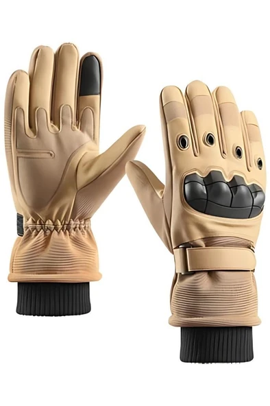 Single Sword Rüzgar Soğuk Geçirmez Suya Dayanıklı Dokunmatik Eldiven- Taktik ve Motosiklet Eldiveni Bej - 2