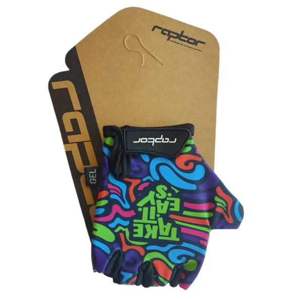 Raptor Çocuk Eldiveni Kısa Parmak Çocuk Bisiklet Eldiveni Silikon Jelli Take it Easy Desenli M Beden - Resim 4