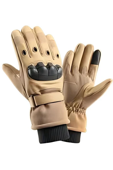 Single Sword Rüzgar Soğuk Geçirmez Suya Dayanıklı Dokunmatik Eldiven- Taktik ve Motosiklet Eldiveni Bej - 4