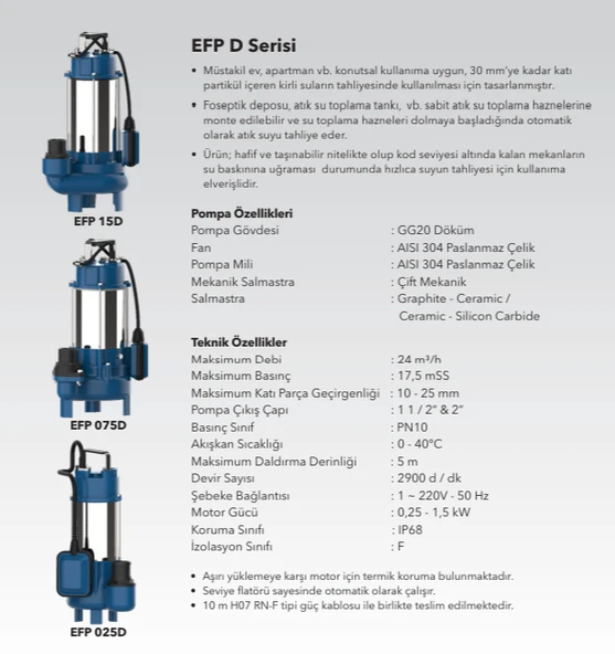 EFP-075D Atık Su ve Foseptik için Döküm Gövdeli Flatörlü Dalgıç Pompa - Resim 2