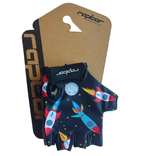 Raptor Çocuk Eldiveni Kısa Parmak Çocuk Bisiklet Eldiveni Silikon Jelli Roket Desenli M Beden - Resim 4
