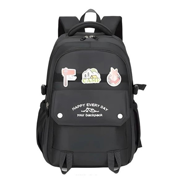 Muggle 3 Bölmeli Happy Camp Kolej Okul Sırt Çantası Siyah (MU-1667) ürün görseli