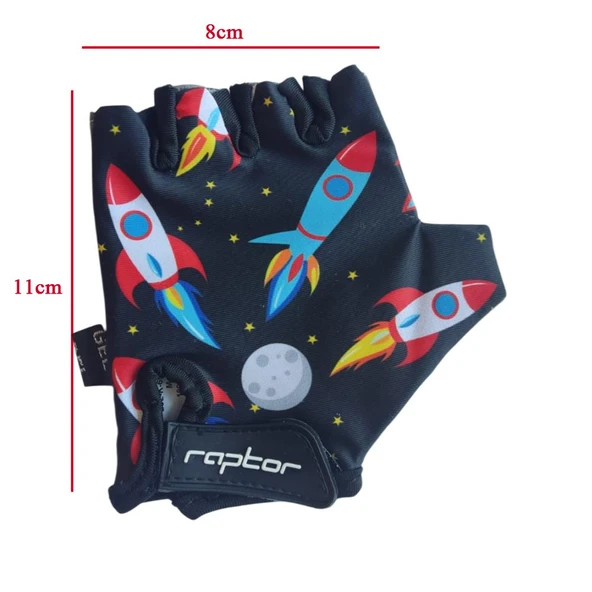 Raptor Çocuk Eldiveni Kısa Parmak Çocuk Bisiklet Eldiveni Silikon Jelli Roket Desenli M Beden - Resim 2