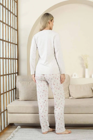 Kadın Gri Kalp Desenli Düğmeli Likralı Viskon Uzun Kol Cepli Pijama Takımı - 5