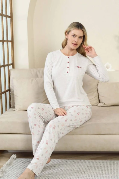 Kadın Gri Kalp Desenli Düğmeli Likralı Viskon Uzun Kol Cepli Pijama Takımı - 2