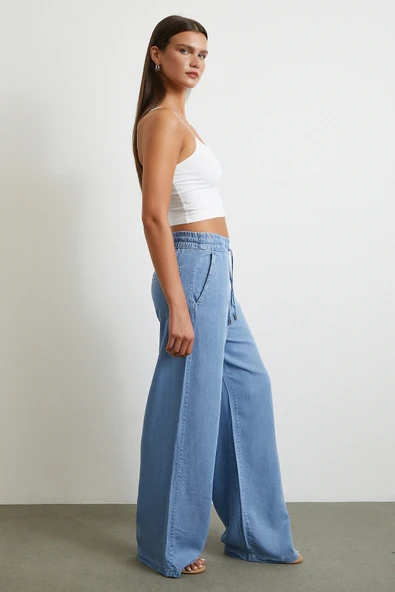 Beli Lastikli Bağcıklı Geniş Paça Pantolon Mavi ürün görseli