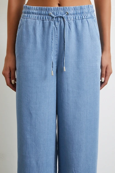 Beli Lastikli Bağcıklı Geniş Paça Pantolon Mavi - Resim 5
