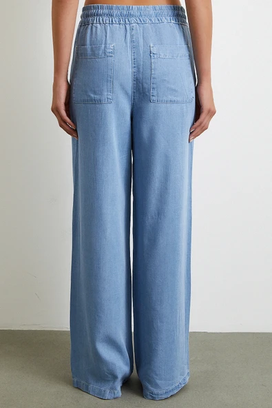 Beli Lastikli Bağcıklı Geniş Paça Pantolon Mavi - Resim 6