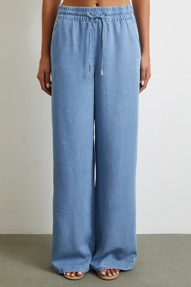 Beli Lastikli Bağcıklı Geniş Paça Pantolon Mavi - Resim 4