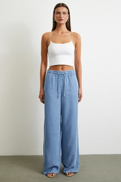 Beli Lastikli Bağcıklı Geniş Paça Pantolon Mavi - Resim 2