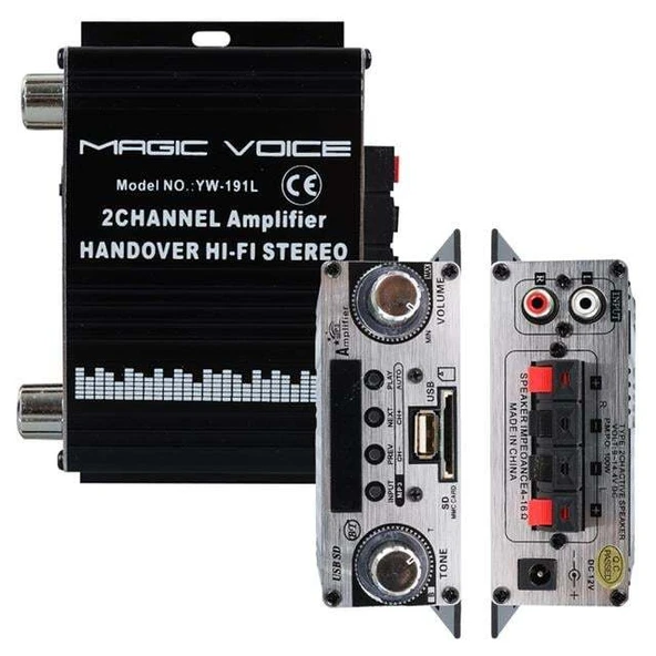 MagicVoice YW-191L 12 Volt 100 Watt Motosiklet Bluetooth Amfi USB/SD 2 Kanal Pazarcı - Anfi (125X95X40mm) - 4