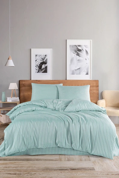 LUYASHOP Pamuklu Saten Çizgili Çift Kişilik Lastikli Çarşaflı Nevresim Takımı Gül Kurusu - 5