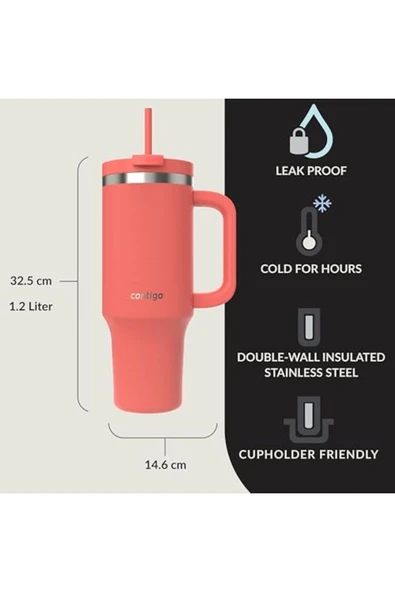 ShopZum Contigo Üniseks Yetişkin Streeterville Tumbler Pipetli Yalıtımlı Su Şişesi, 1.2l, Mercan - 2