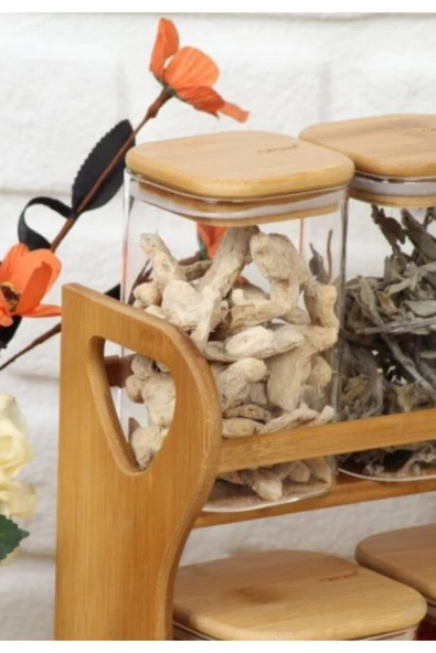 AROW Bambu Standlı Kare Cam Baharat Takımı Bambu Kapak 7'li - 3
