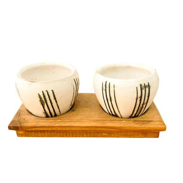 Bitki Tasarımı Ev dekorasyon Aksesuar Bej Çizgili Eskitme Toprak Saksı İkili Ahşap Tabanlı Çiçeklik Saksı Saksılık - Resim 2