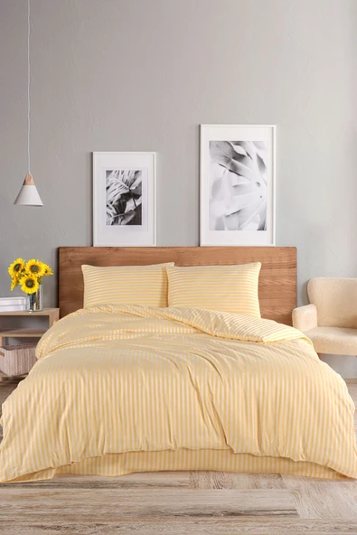 LUYASHOP Pamuklu Saten Çizgili Çift Kişilik Lastikli Çarşaflı Nevresim Takımı Gül Kurusu - 6