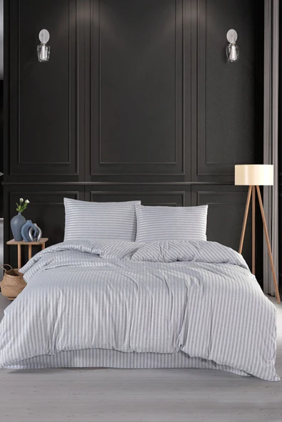 LUYASHOP Pamuklu Saten Çizgili Çift Kişilik Lastikli Çarşaflı Nevresim Takımı Gül Kurusu - 7