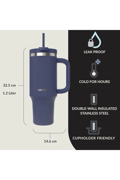 Contigo Kulplu Termos Bardak - Tumbler - Paslanmaz Çelik - Pipetli & Kapaklı – 29 Saat Soğuk - 4