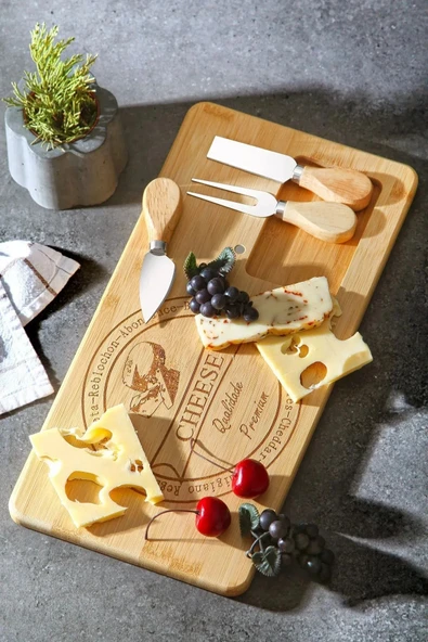 MTM Home Doğal Bambu 4 lü Peynir Sunum Seti Ahşap Sunum Tahtası, Paslanmaz Çelik Çatal, Bıçak, Spatula ürün görseli