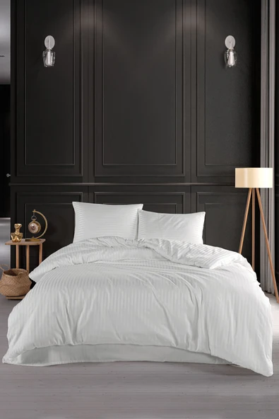 LUYASHOP Pamuklu Saten Çizgili Çift Kişilik Lastikli Çarşaflı Nevresim Takımı Gül Kurusu - 3