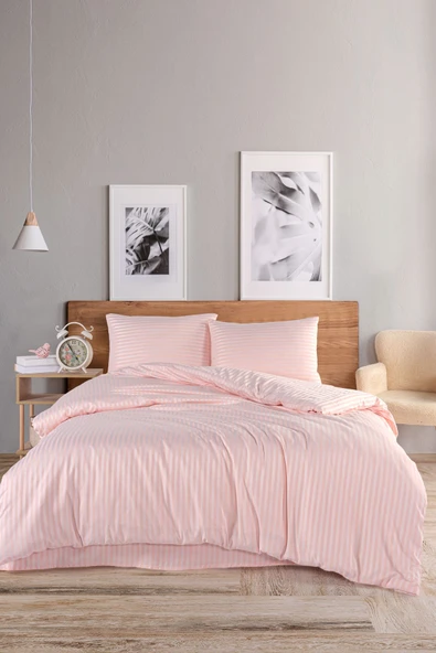 LUYASHOP Pamuklu Saten Çizgili Çift Kişilik Lastikli Çarşaflı Nevresim Takımı Gül Kurusu - 4