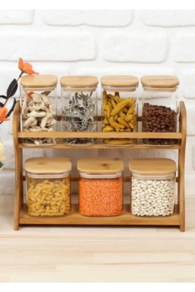 AROW Bambu Standlı Kare Cam Baharat Takımı Bambu Kapak 7'li - 4