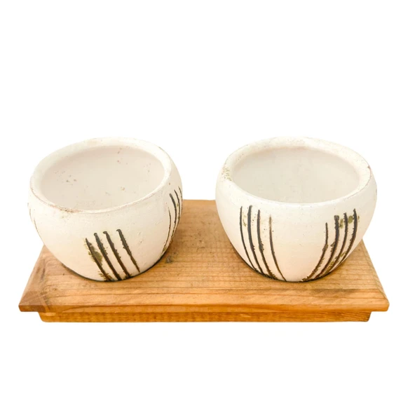 Bitki Tasarımı Ev dekorasyon Aksesuar Bej Çizgili Eskitme Toprak Saksı İkili Ahşap Tabanlı Çiçeklik Saksı Saksılık - Resim 3