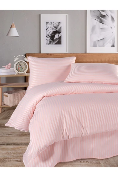 LUYASHOP Pamuklu Saten Tek Kişilik Lastikli Çarşaflı Nevresim Takımı Gül Kurusu - 8