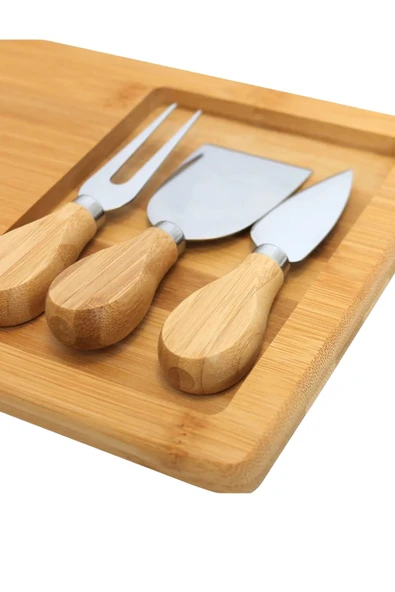 MTM Home Doğal Bambu 4 lü Peynir Sunum Seti Ahşap Sunum Tahtası, Paslanmaz Çelik Çatal, Bıçak, Spatula - 2