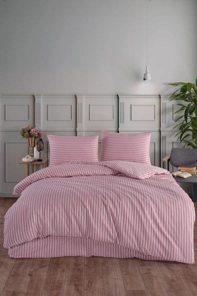 LUYASHOP Pamuklu Saten Çizgili Çift Kişilik Lastikli Çarşaflı Nevresim Takımı Gül Kurusu