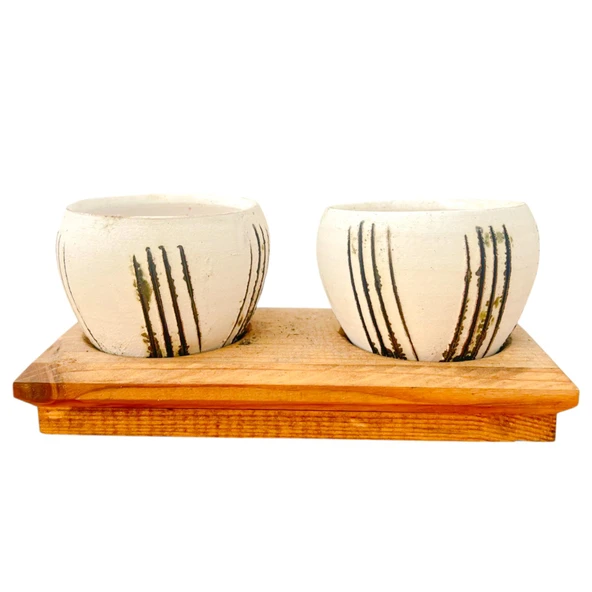 Bitki Tasarımı Ev dekorasyon Aksesuar Bej Çizgili Eskitme Toprak Saksı İkili Ahşap Tabanlı Çiçeklik Saksı Saksılık ürün görseli