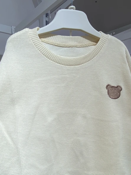 İkili Takım – Krem Ayıcık Nakışlı Waffle Kumaş - Resim 3