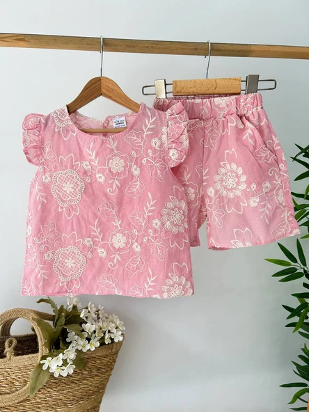 Gök Joy Kız Çocuk Çiçek Desenli Takım – Pembe
