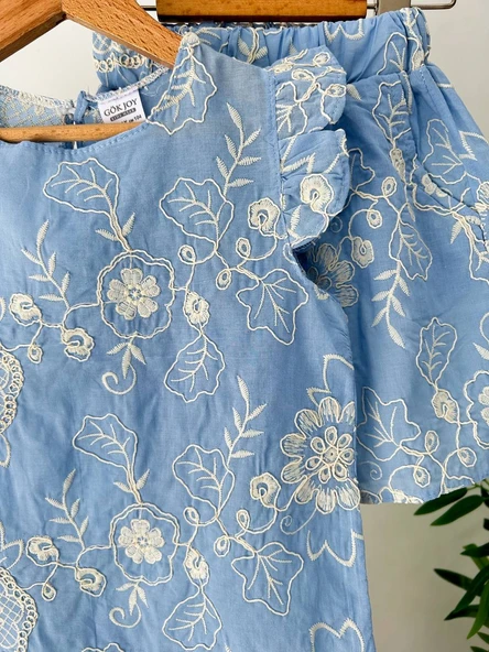 Gök Joy Kız Çocuk Çiçek Desenli Takım – Mavi - 2