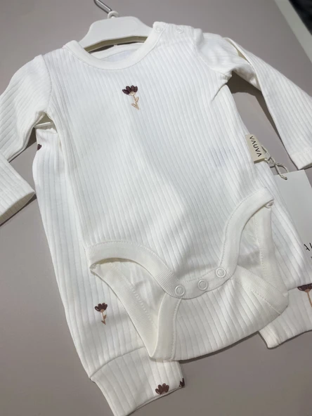 Bebek İkili Zıbın Takım – Krem Çiçek Desenli - 4