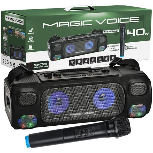 Magicvoice MV-7001 VHF El Mikrofonlu USB-SD-Bluetooth Işıklı 40 W Taşınabilir Şarjlı Seyyar Anfi ürün görseli