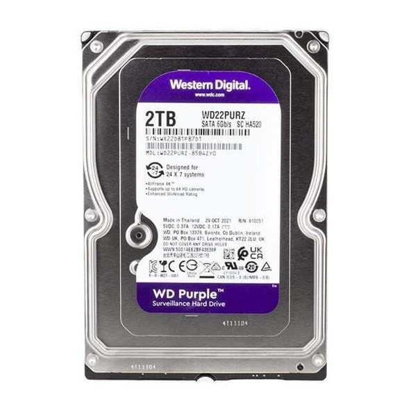 Western Digital Purple WD22PURZ 2 TB Sata 6GB/S 7-24 Güvenlik Harddisk ürün görseli 1
