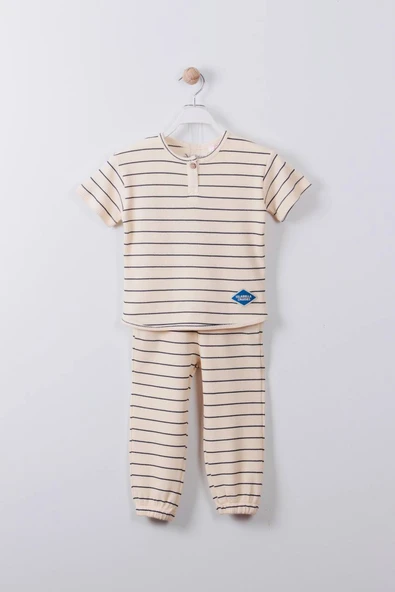 Çocuk Çizgili İkili Waffle Kumaş Takım – Kısa Kol Tişört & Pantolon - Resim 5