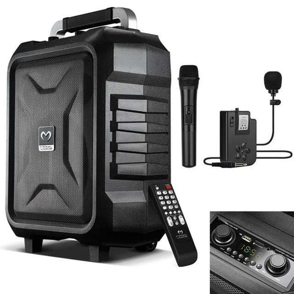 Magicvoice MV-2015 USB-SD-BT 1 El + 1 Yaka Mikrofonlu 300W Taşınabilir Şarjlı Hoparlör Anfi - Resim 2