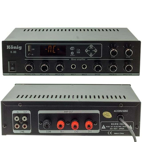 König K-80 80W USB-SD-Bluetooth Destekli 2 Bölgeli Trafolu Mixer Anfi