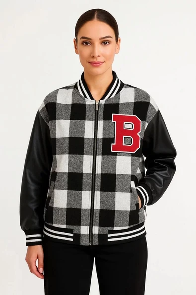 Kolları Suni Deri içi Astarlı Oduncu Kolej içi Ceket - Gri ürün görseli 1