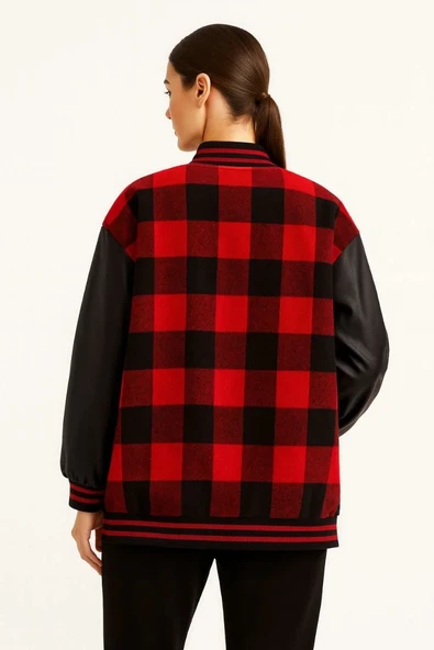 Kolları Suni Deri içi Astarlı Oduncu Kolej içi Ceket - Bordo - Resim 2