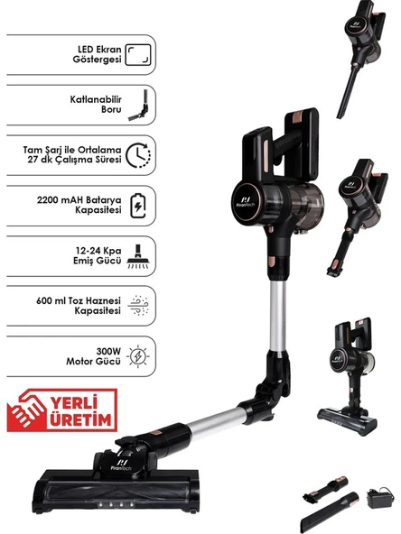 PİRANTECH ES411 LED Ekranlı Katlanabilir Yüksek Emiş Güçlü 300 Watt Dikey Şarjlı Süpürge - 2